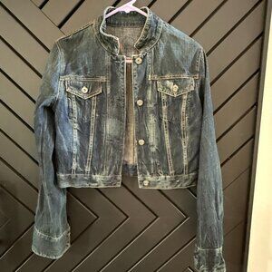 Dark denim distressed wash bolero jean jacket.